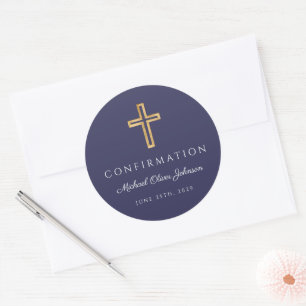 Modern Navy Blue Religious Cross Boy Confirmation Classic Round Sticker
