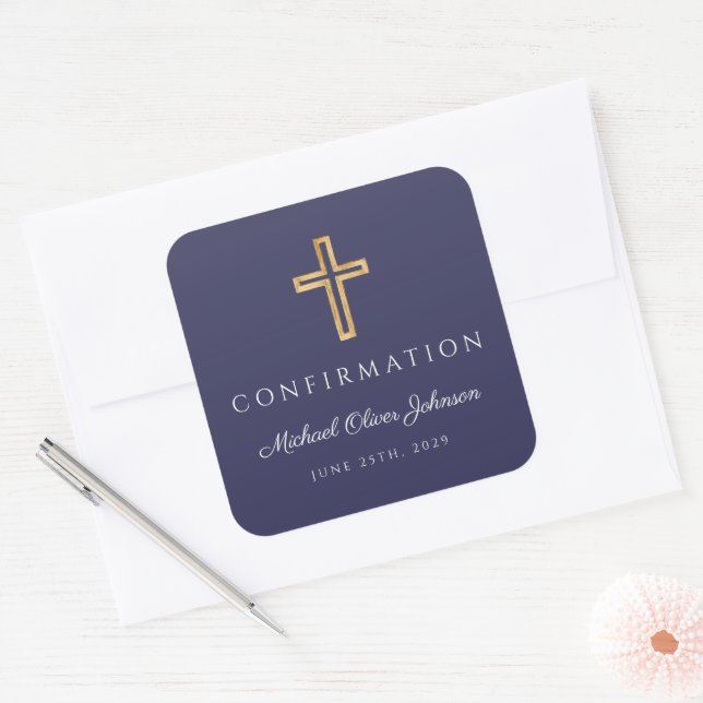 Modern Navy Blue Religious Cross Boy Confirmation Square Sticker (Envelope)