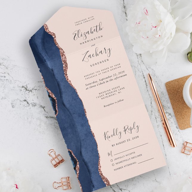 Modern Navy Blue Rose Gold Agate Blush Wedding All In One Invitation (Creator Uploaded)