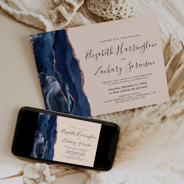 Modern Navy Blue Rose Gold Agate Blush Wedding Invitation (Creator Uploaded)