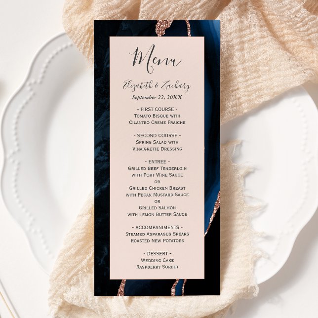 Modern Navy Blue Rose Gold Agate Blush Wedding Menu (Creator Uploaded)