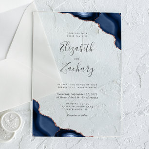 Modern Navy Blue Rose Gold Agate Corners Wedding Acrylic Invitations