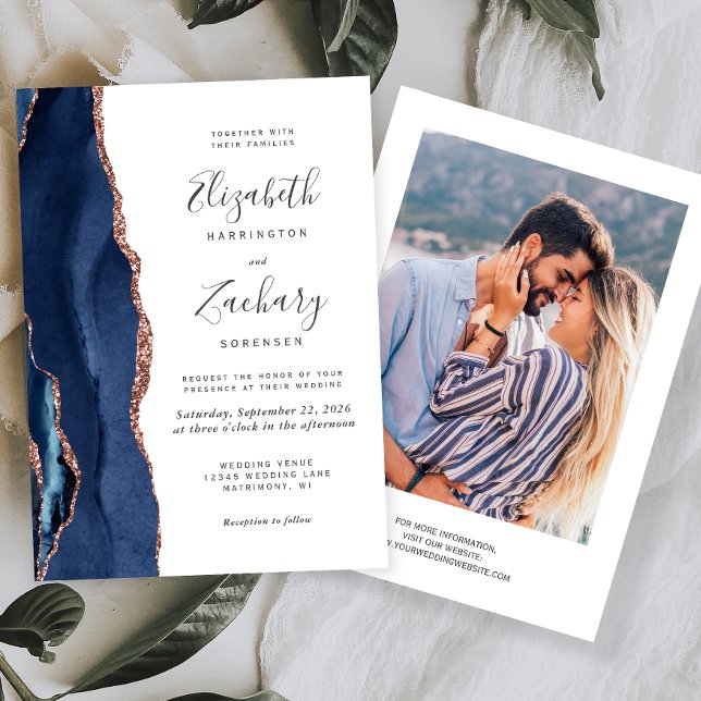 Modern Navy Blue Rose Gold Agate Photo Wedding Invitation (Creator Uploaded)