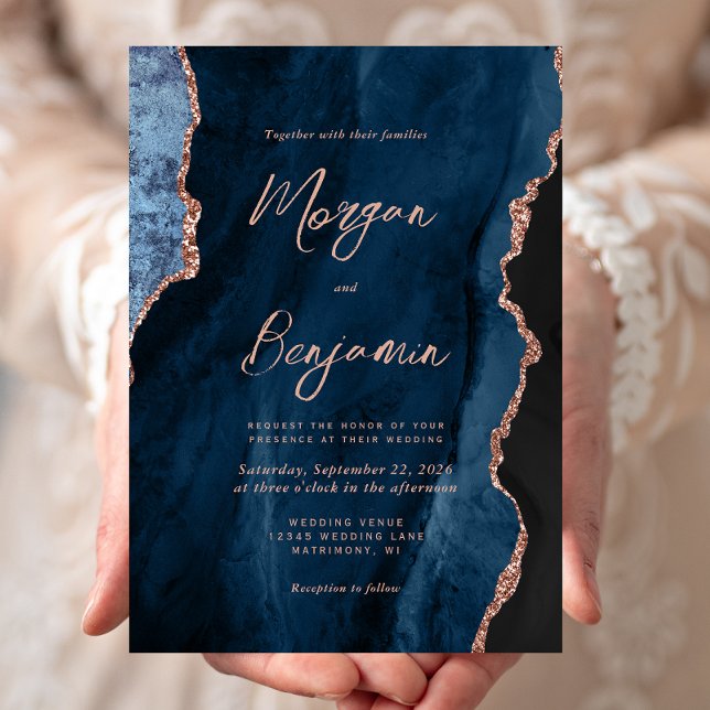 Modern Navy Blue Rose Gold Agate Script Wedding Invitation (Creator Uploaded)