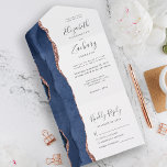 Modern Navy Blue Rose Gold Agate Wedding All In One Invitation<br><div class="desc">The left-hand edge of this elegant modern all-in-one wedding invitation and RSVP features a navy blue watercolor agate border trimmed with faux rose gold glitter. The customisable text combines charcoal grey handwriting, copperplate and italic fonts on a white background. The return address appears on the outside flap and the reverse...</div>