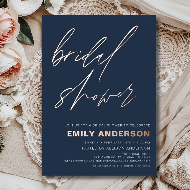 Modern Navy Blue Rose Gold Bridal Shower Chic (Creator Uploaded)