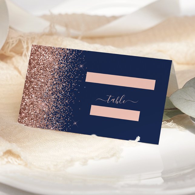 Modern Navy Blue Rose Gold Glitter Edge Wedding Place Card (Creator Uploaded)