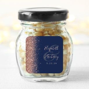 Modern Navy Blue Rose Gold Glitter Edge Wedding Square Sticker