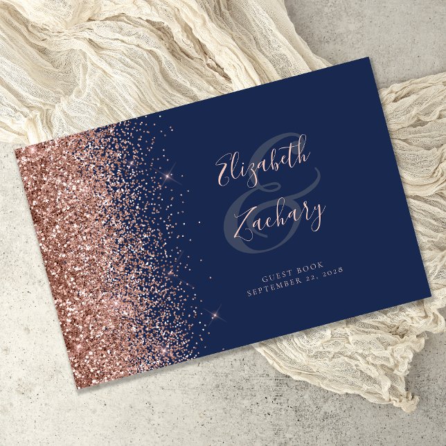 Modern Navy Blue Rose Gold Glitter Script Guest Book (Creator Uploaded)