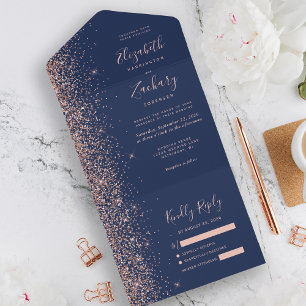 Modern Navy Blue Rose Gold Glitter Wedding All In One Invitation