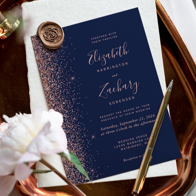 Modern Navy Blue Rose Gold Glitter Wedding Invitation (Creator Uploaded)