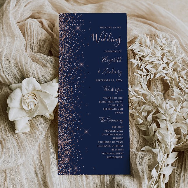 Modern Navy Blue Rose Gold Glitter Wedding Program (Creator Uploaded)