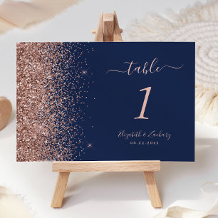 Modern Navy Blue Rose Gold Glitter Wedding Table Number