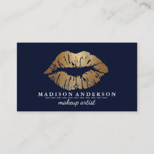 Modern Navy Blue Salon Gold Lips Makeup Artis Business Card