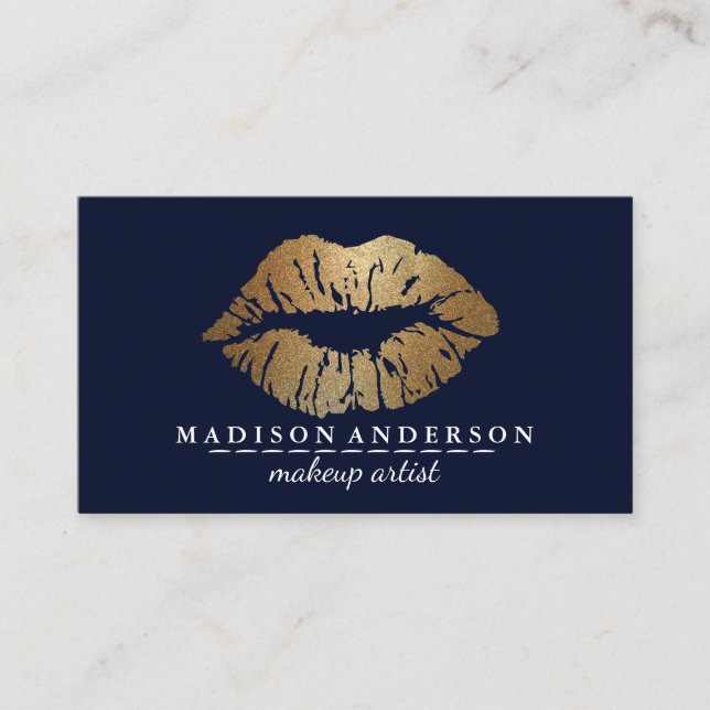 Modern Navy Blue Salon Gold Lips Makeup Artis Business Card (Front)