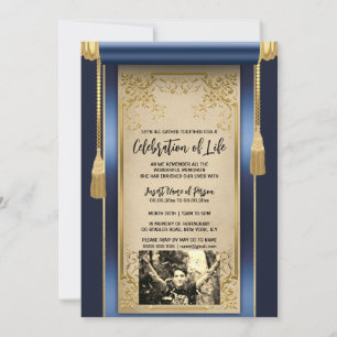 Modern navy blue satin scroll tassels sepia photo invitation