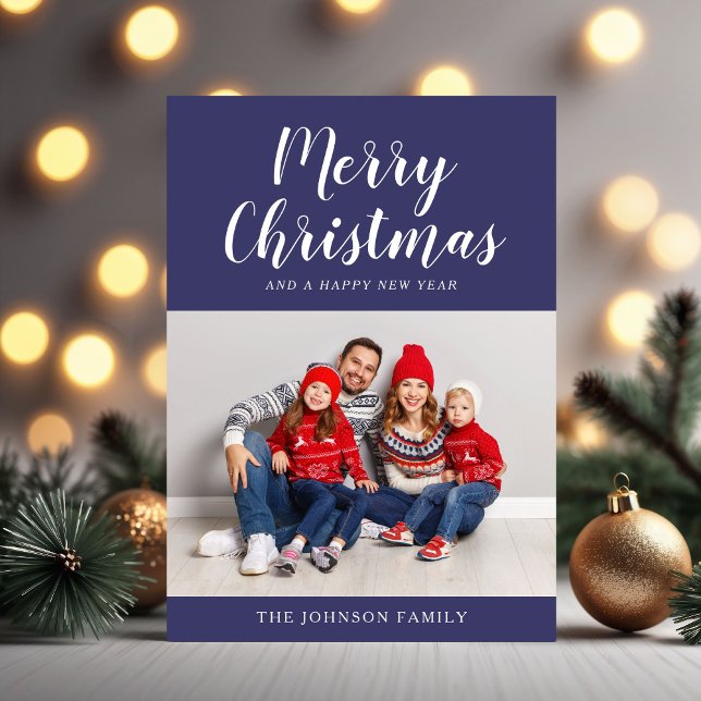 Modern Navy Blue Script Christmas Photo  Holiday Card (Modern Navy Blue Script Christmas Photo Holiday Card)