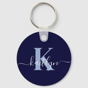Modern Navy Blue Script Monogram Key Ring