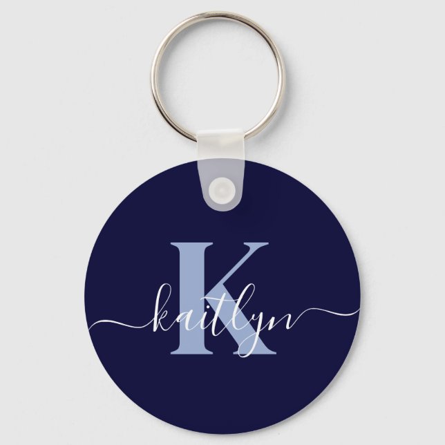 Modern Navy Blue Script Monogram Key Ring (Front)