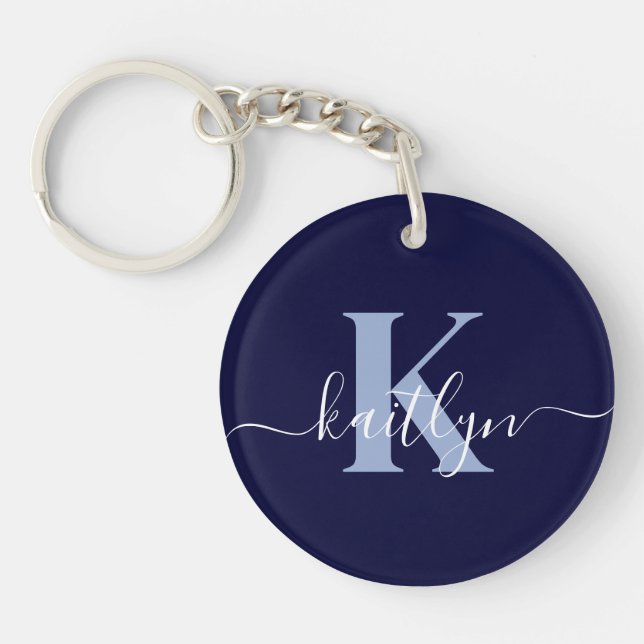 Modern Navy Blue Script Monogram Key Ring (Front)