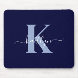 Modern Navy Blue Script Monogram Mouse Pad