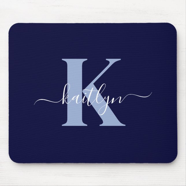 Modern Navy Blue Script Monogram Mouse Pad (Front)