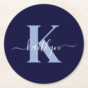 Modern Navy Blue Script Monogram Round Paper Coaster