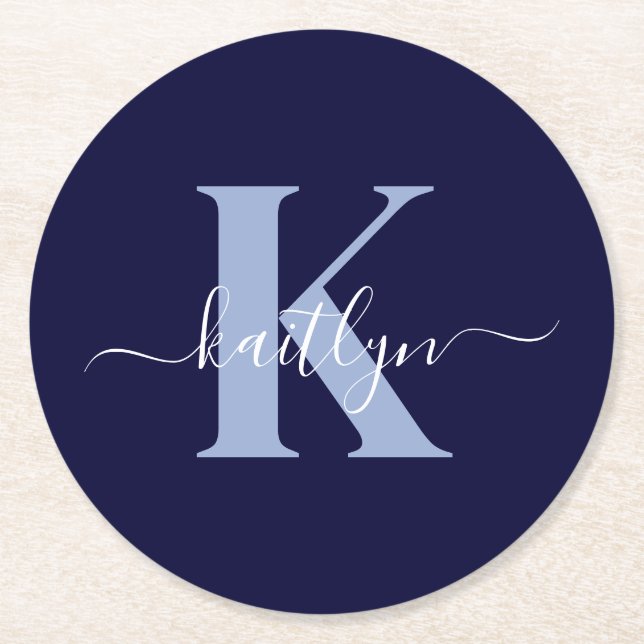 Modern Navy Blue Script Monogram Round Paper Coaster (Front)