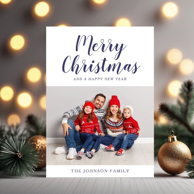 Modern Navy Blue Script Photo Christmas Holiday Card (Modern Navy Blue Script Photo Christmas Holiday Card)