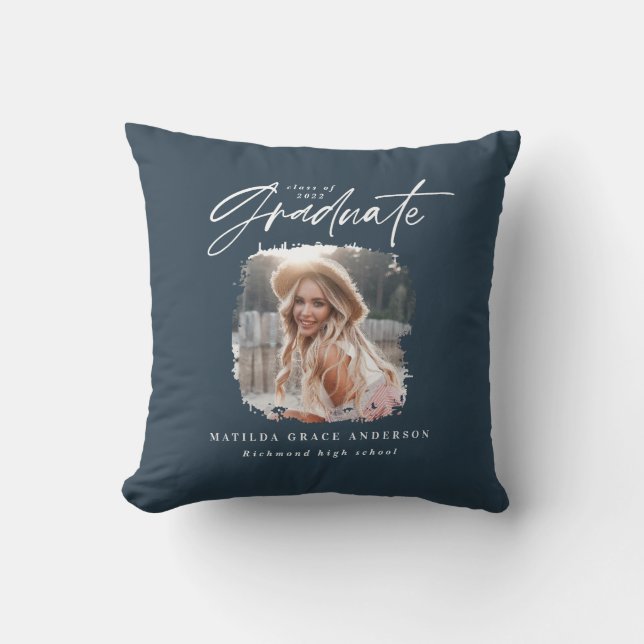 Modern navy blue script photo elegant graduation cushion (Front)
