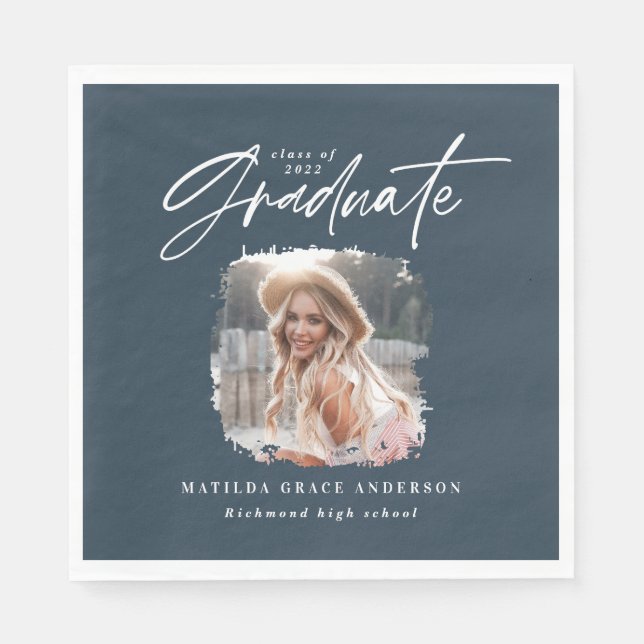 Modern navy blue script photo elegant graduation napkin (Front)
