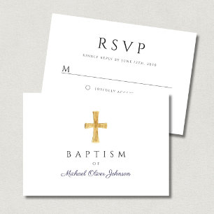 Modern Navy Blue Script Religious Boy Baptism  RSVP Card