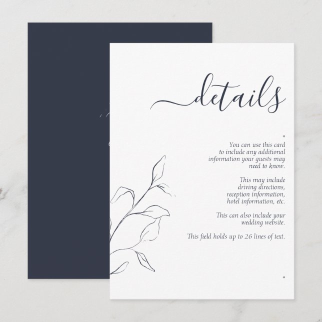 Modern Navy Blue Script Wedding Details Enclosure Card (Front/Back)