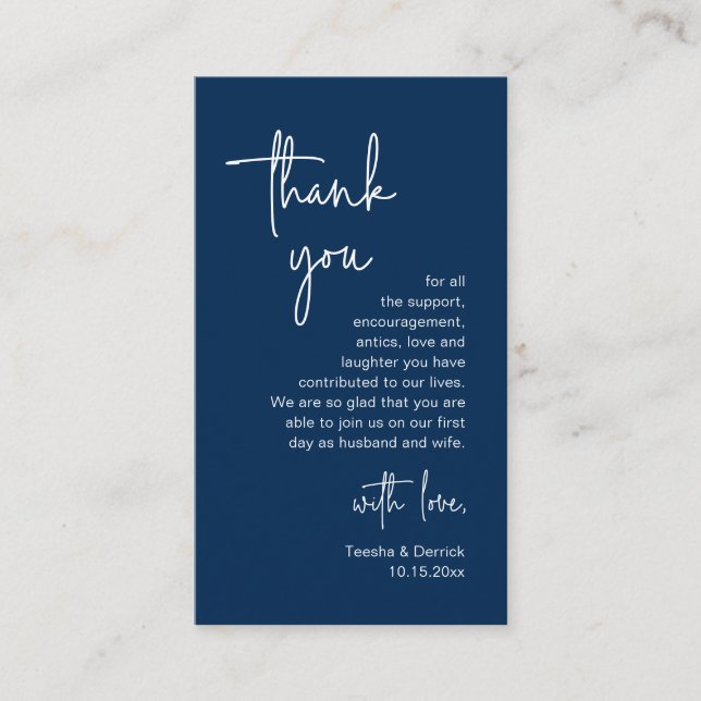 Modern Navy Blue Script, Wedding Thank you Enclosure Card (Front)