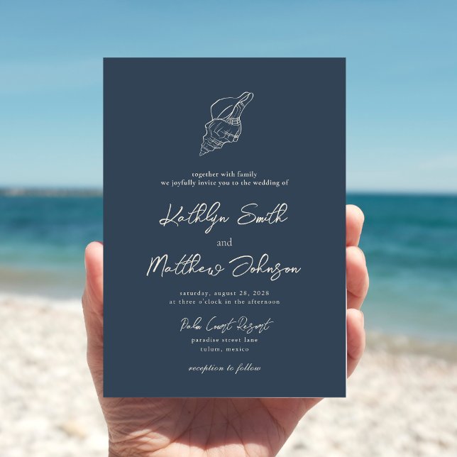 Modern Navy Blue Shell Beach Destination Wedding Invitation (Creator Uploaded)