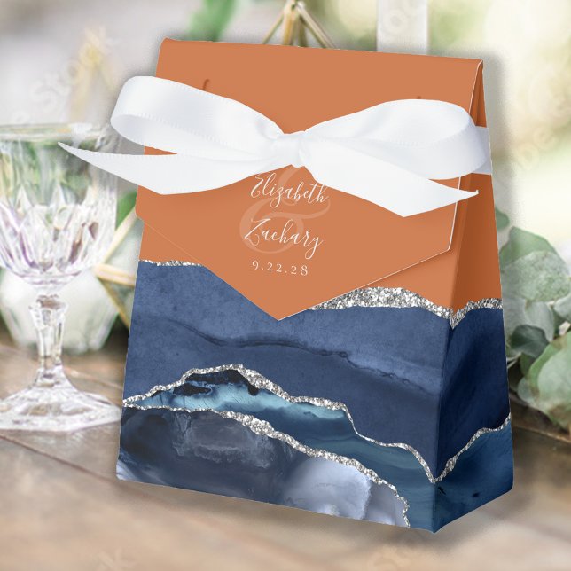 Modern Navy Blue Silver Agate Burnt Orange Favour Box (Creator Uploaded)