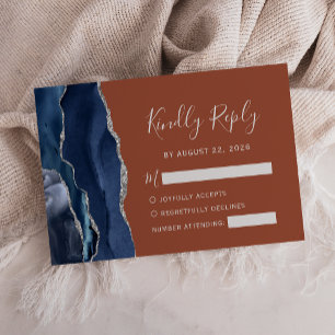 Modern Navy Blue Silver Agate Burnt Orange Wedding RSVP Card