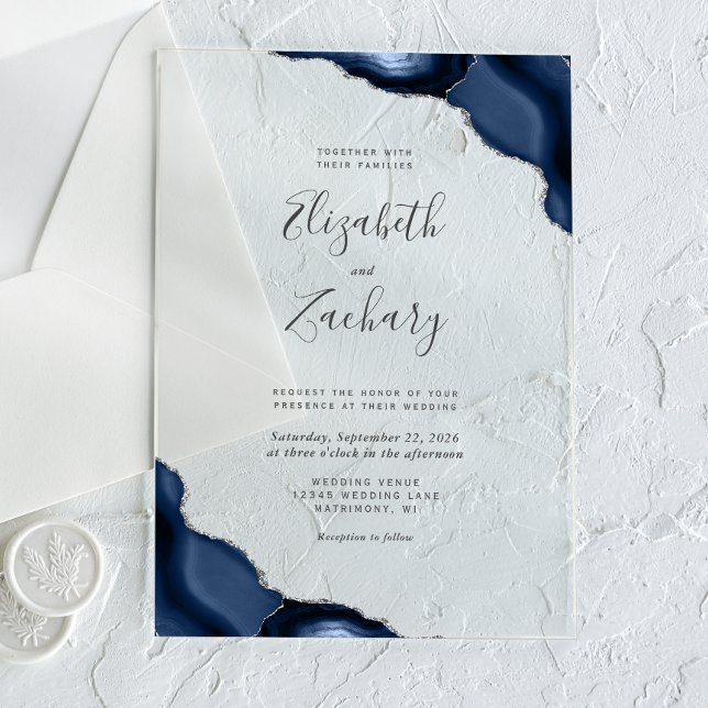 Modern Navy Blue Silver Agate Corners Wedding Acrylic Invitations (Creator Uploaded)