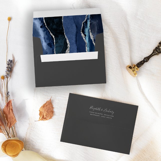 Modern Navy Blue Silver Agate Dark Wedding Envelope (Creator Uploaded)