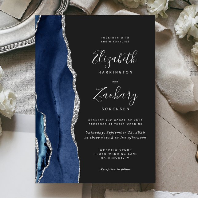 Modern Navy Blue Silver Agate Dark Wedding Invitation (Creator Uploaded)