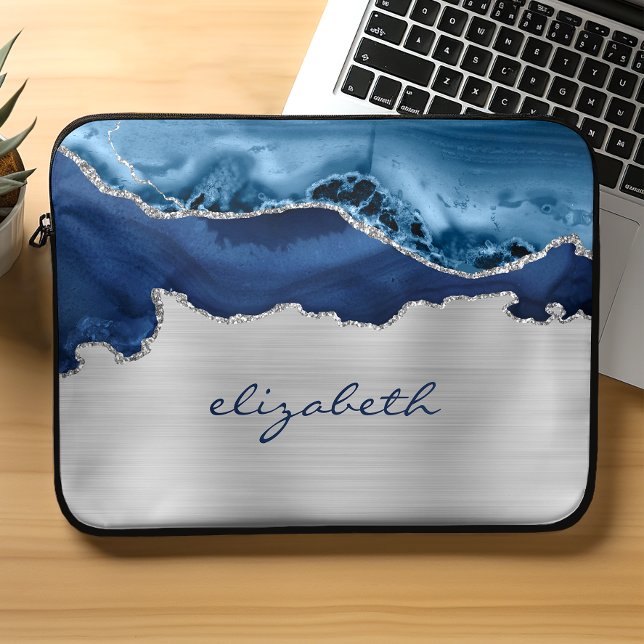 Modern Navy Blue Silver Agate Metallic Laptop Sleeve (Creator Uploaded)