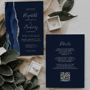 Modern Navy Blue Silver Agate QR Code Wedding Invitation