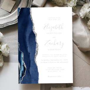 Modern Navy Blue Silver Agate Wedding