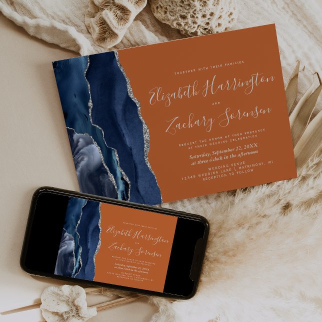 Modern Navy Blue Silver Agate Wedding Invitation (Creator Uploaded)