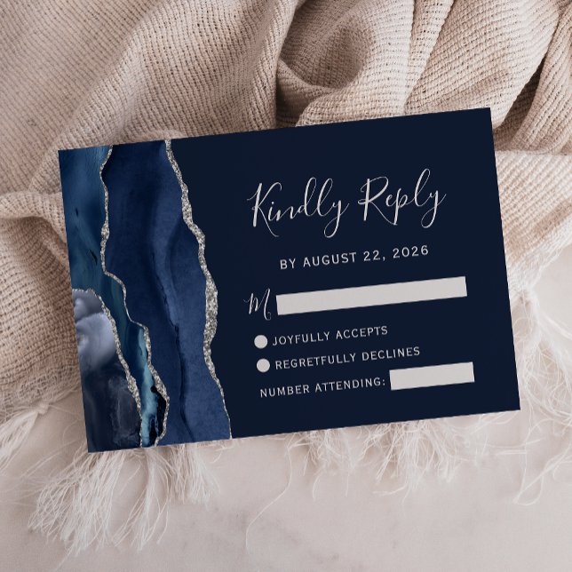 Modern Navy Blue Silver Agate Wedding RSVP Card (Creator Uploaded)