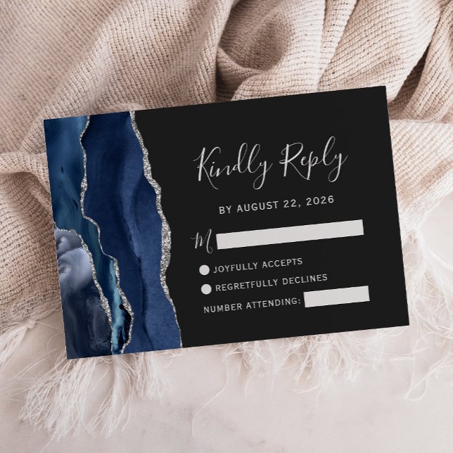 Modern Navy Blue Silver Agate Wedding RSVP Card (Creator Uploaded)