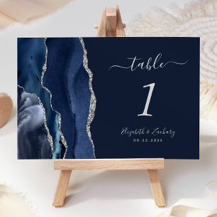 Modern Navy Blue Silver Agate Wedding Table Number