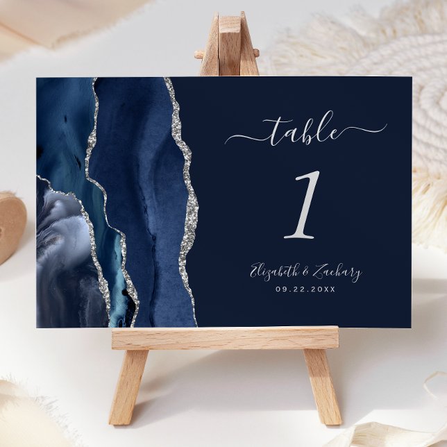 Modern Navy Blue Silver Agate Wedding Table Number (Creator Uploaded)