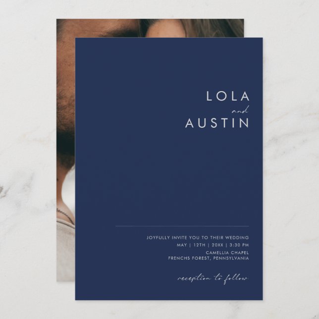 Modern Navy Blue Silver Casual Photo Wedding Invitation (Front/Back)
