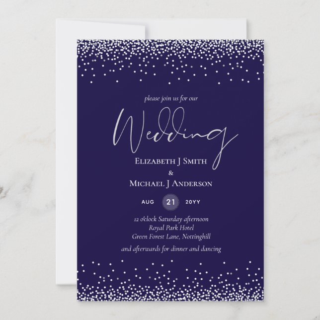 Modern Navy Blue Silver Confetti Wedding (Front)